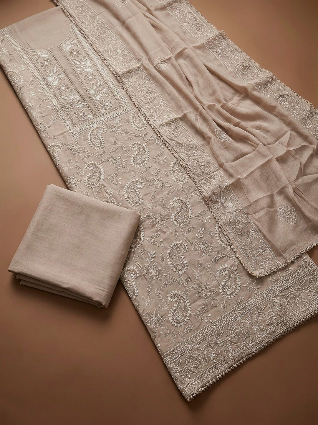 Beige Chanderi Embroidered Unstitched Dress Material