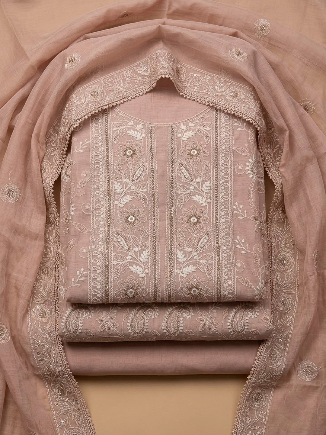 Peach Chanderi Embroidered Unstitched Dress Material