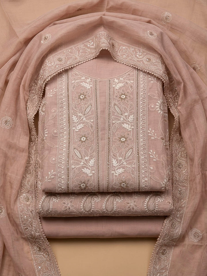 Peach Chanderi Embroidered Unstitched Dress Material