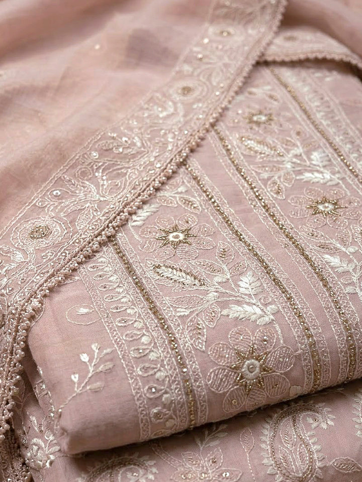 Peach Chanderi Embroidered Unstitched Dress Material