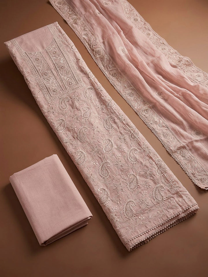 Peach Chanderi Embroidered Unstitched Dress Material