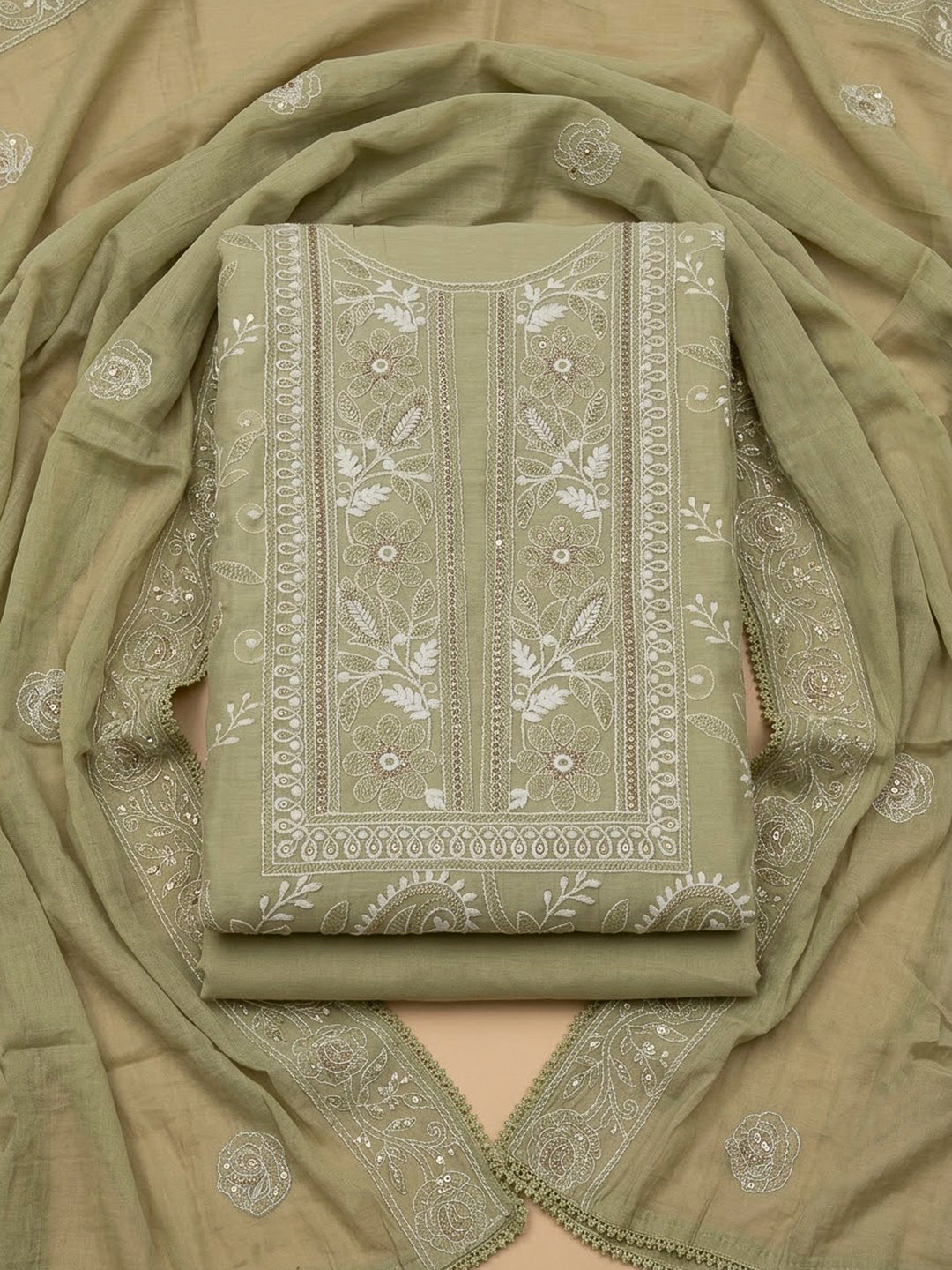 Pista Green Chanderi Embroidered Unstitched Dress Material