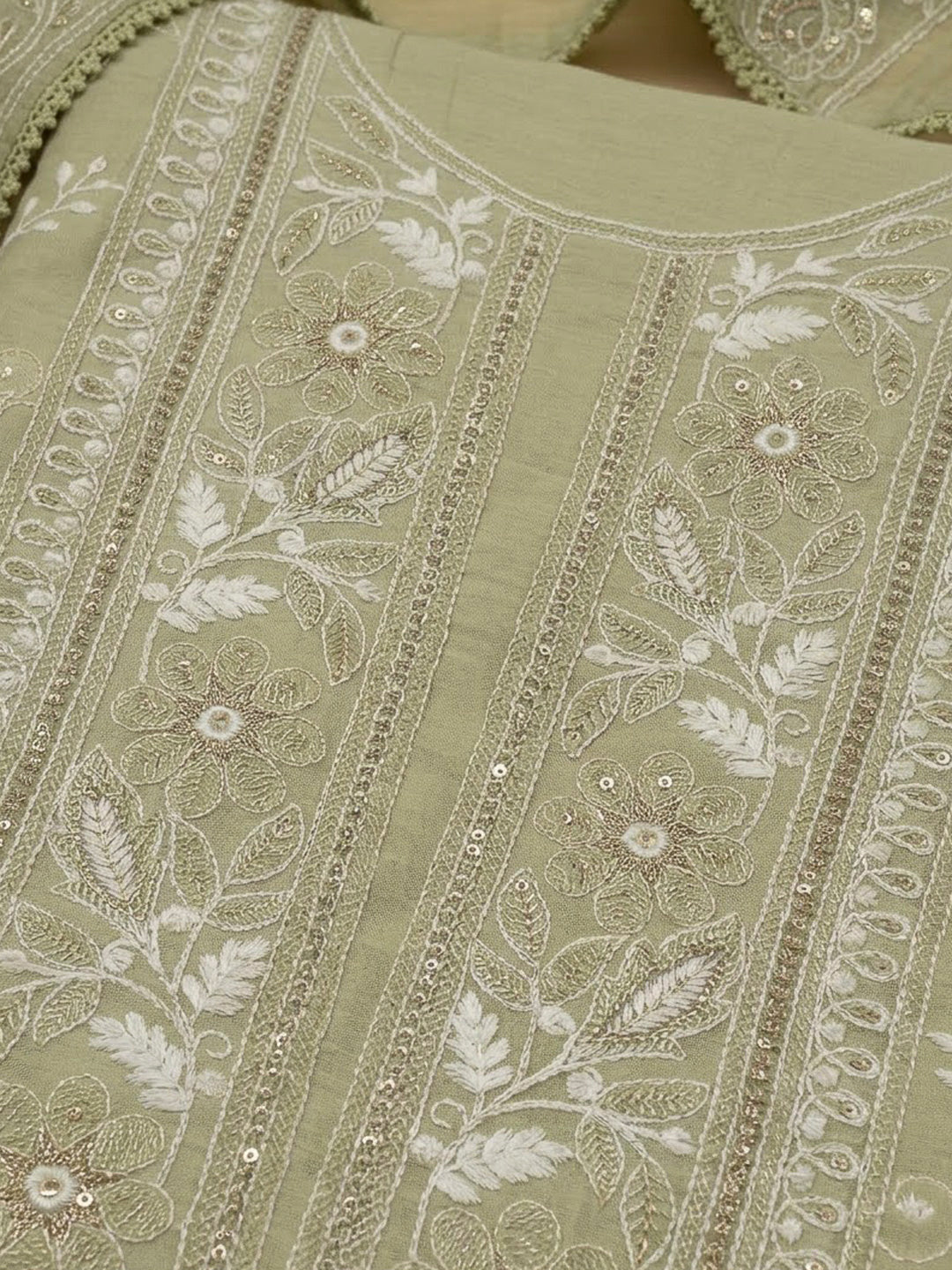 Pista Green Chanderi Embroidered Unstitched Dress Material