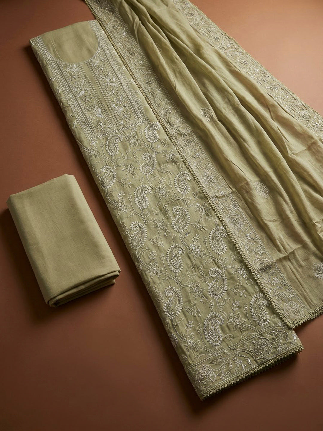 Pista Green Chanderi Embroidered Unstitched Dress Material