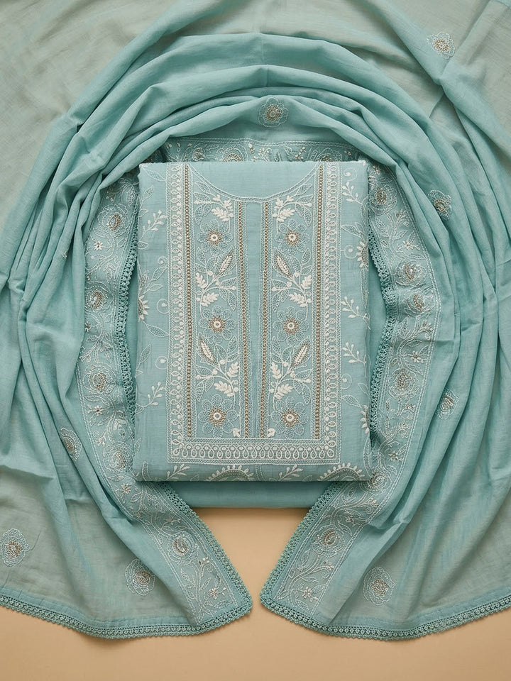 Sky Blue Chanderi Embroidered Unstitched Dress Material