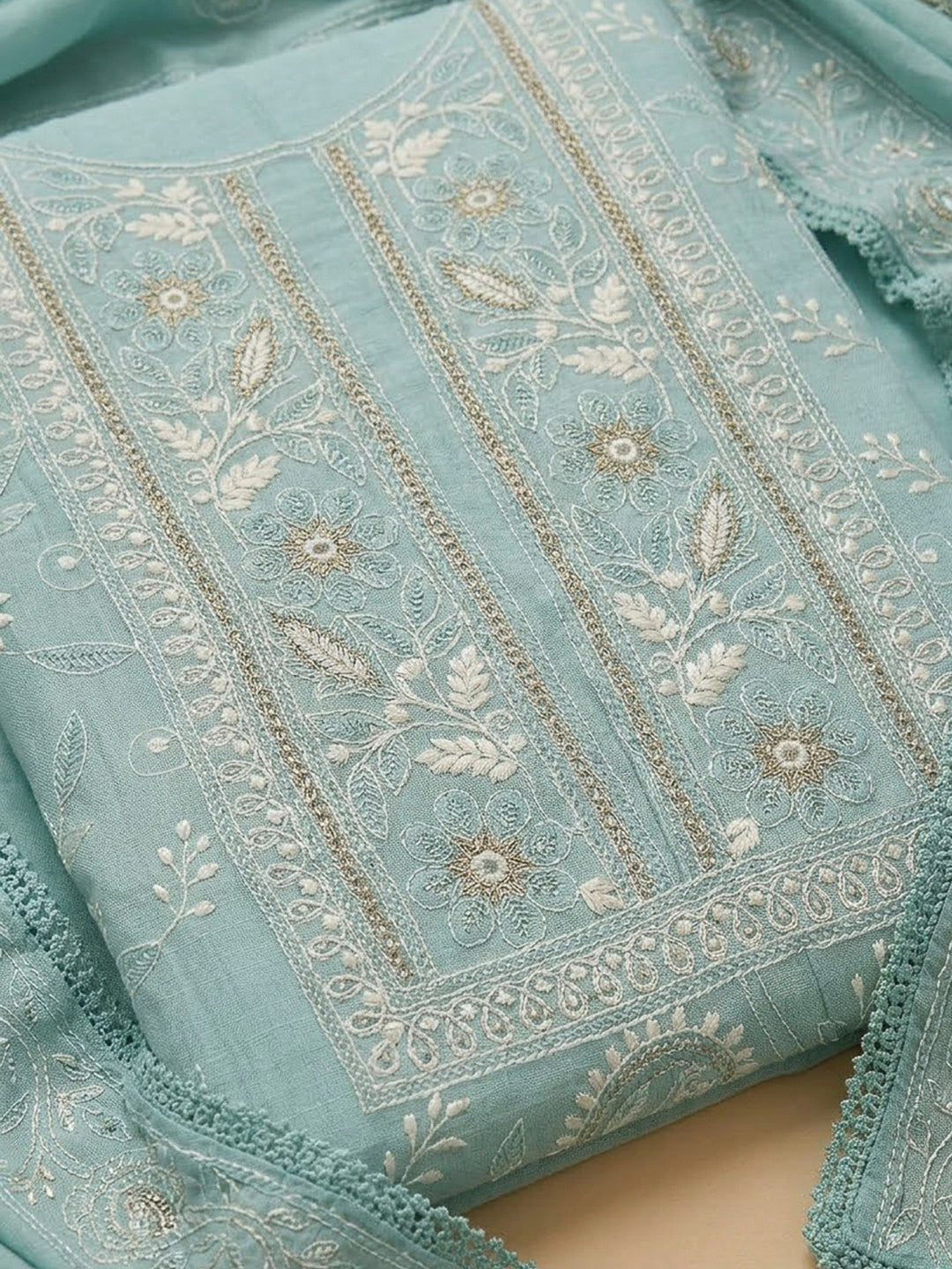 Sky Blue Chanderi Embroidered Unstitched Dress Material