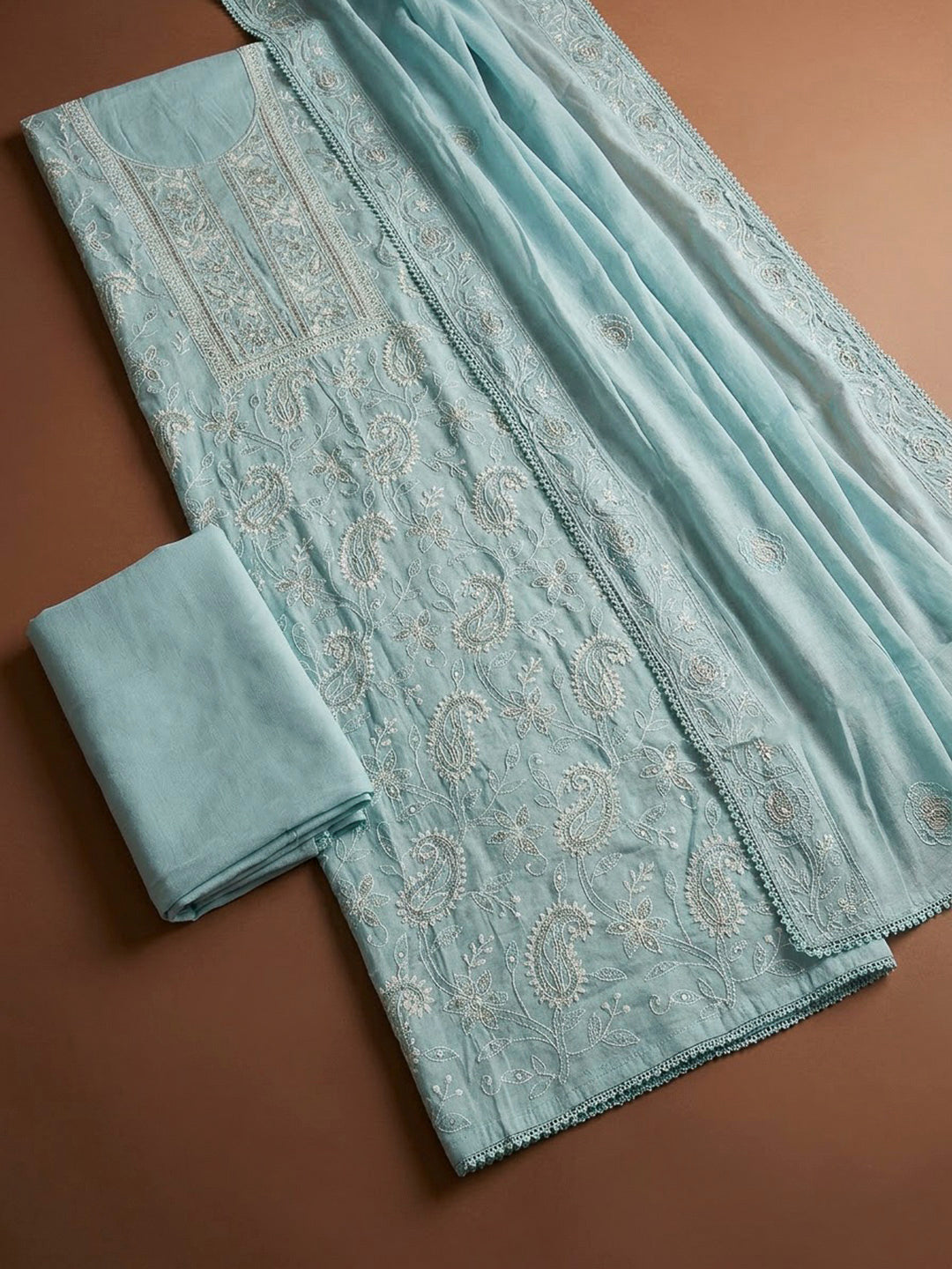 Sky Blue Chanderi Embroidered Unstitched Dress Material