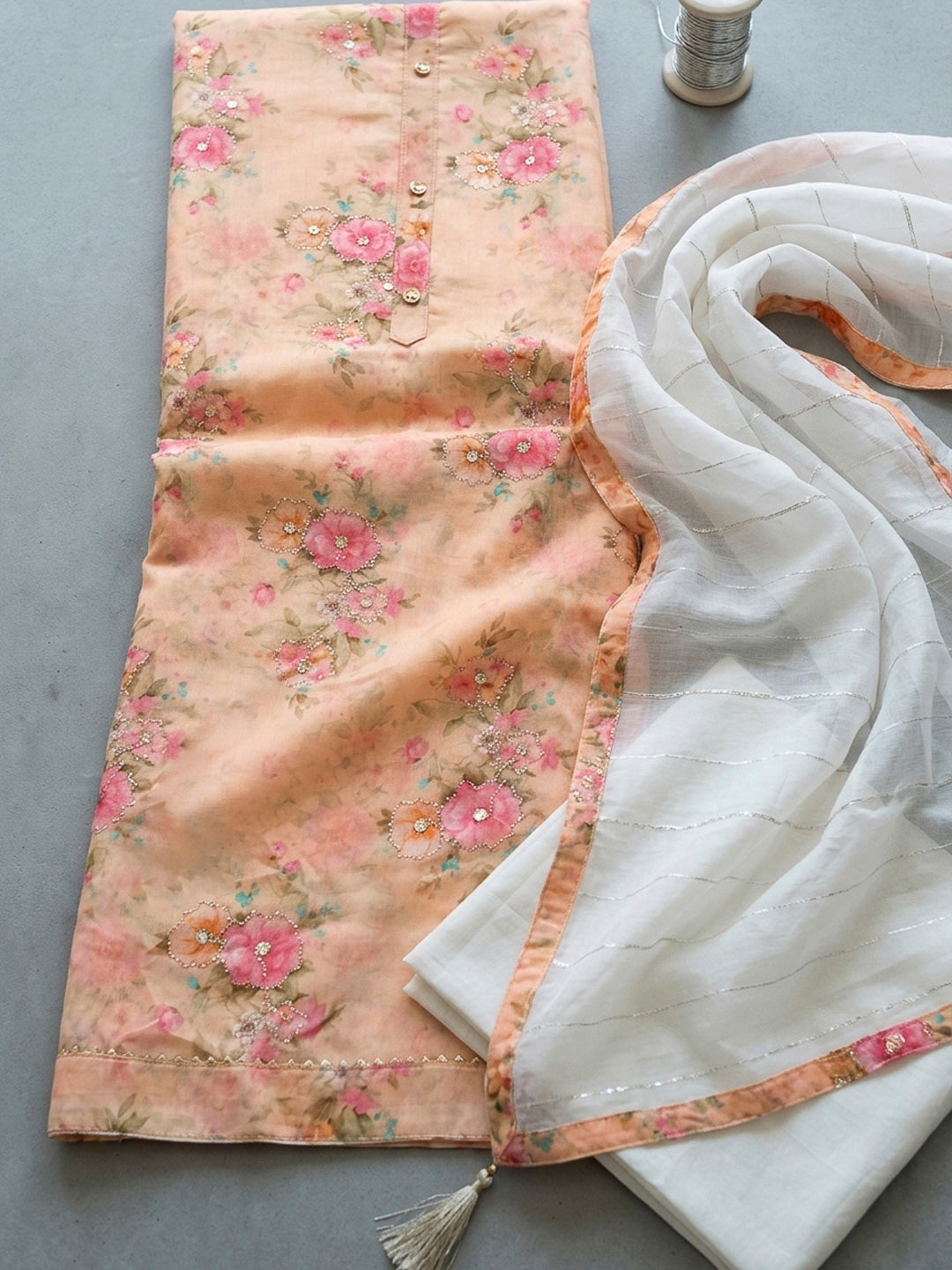 Peach Printed Chanderi Unstitched Dress Material