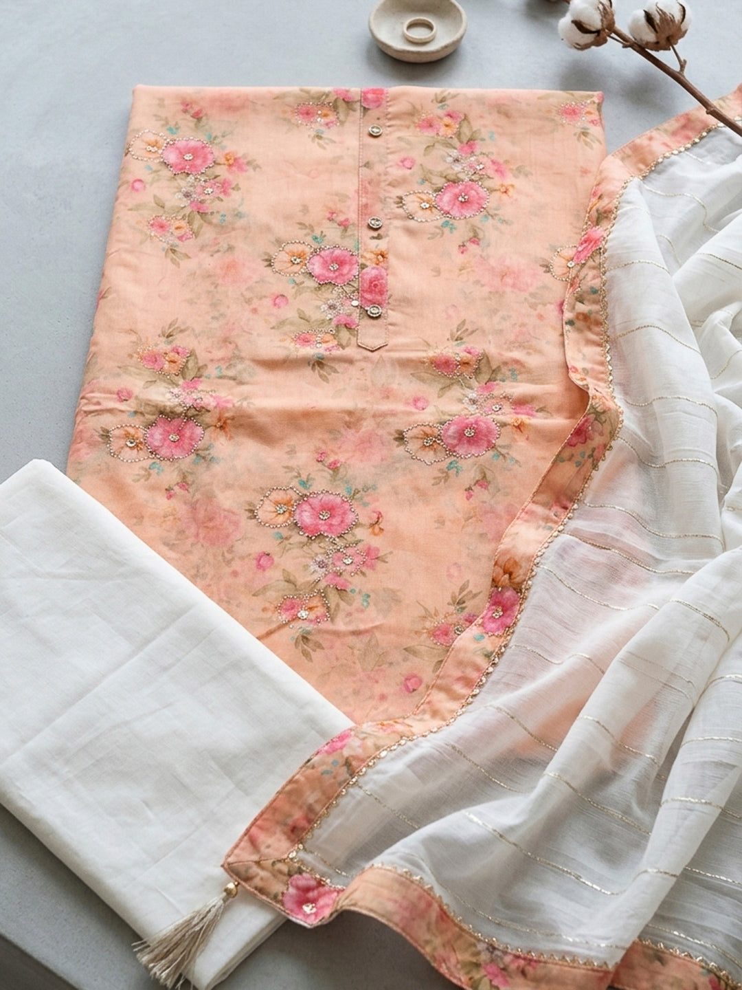 Peach Printed Chanderi Unstitched Dress Material