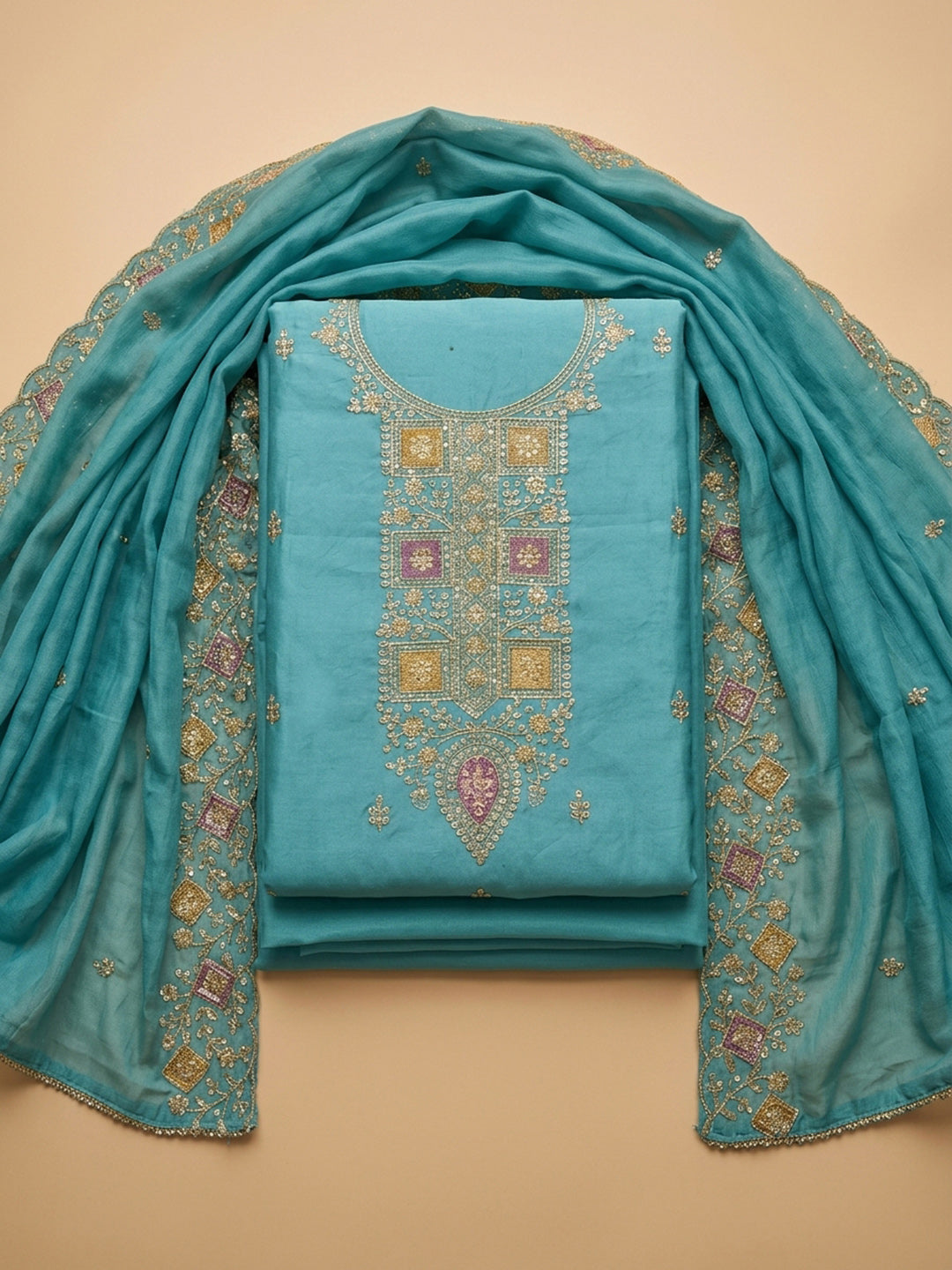 Firozee Embroidery Chanderi Unstitched Dress Material