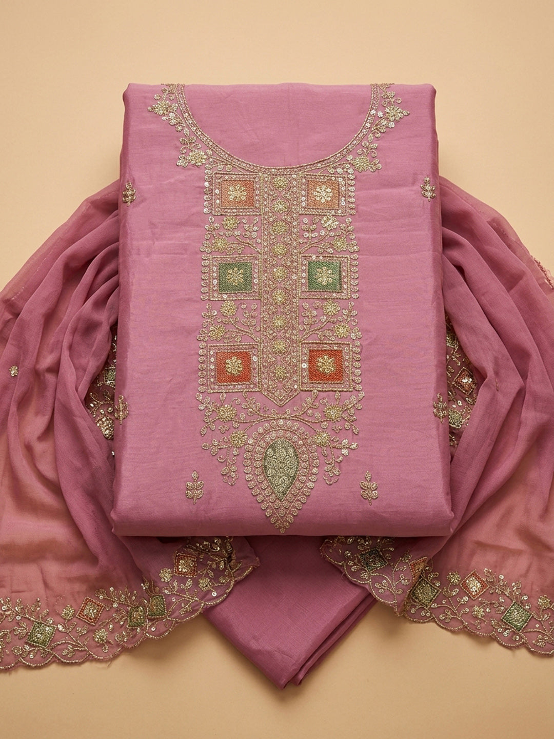 Pink Embroidery Chanderi Unstitched Dress Material