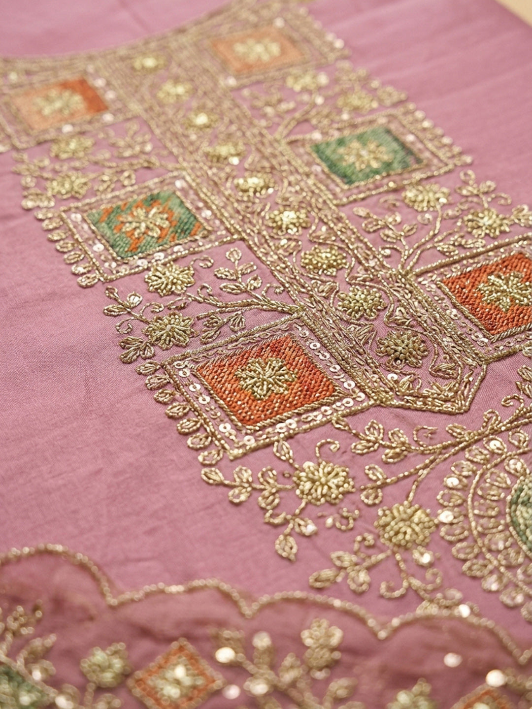 Pink Embroidery Chanderi Unstitched Dress Material