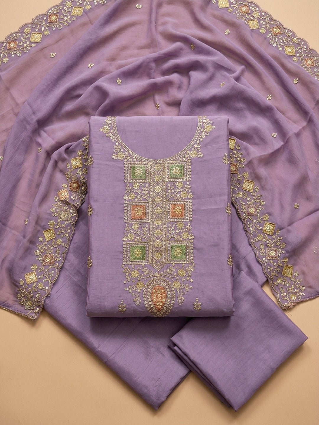 Purple Embroidery Chanderi Unstitched Dress Material