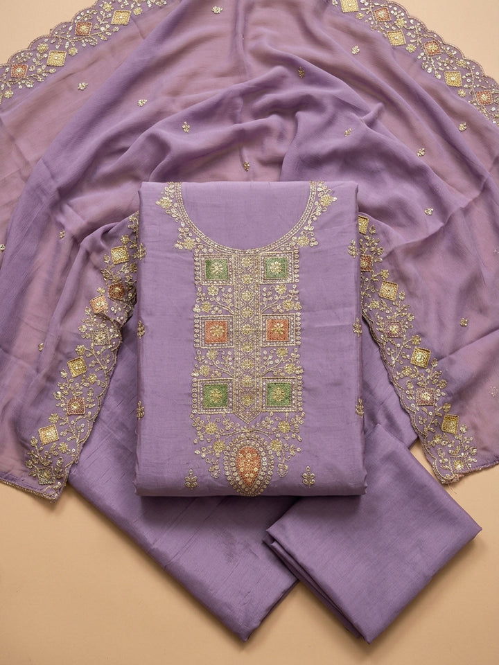 Purple Embroidery Chanderi Unstitched Dress Material