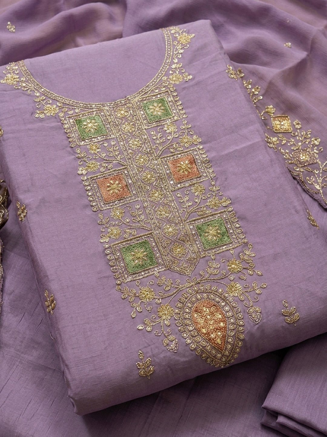 Purple Embroidery Chanderi Unstitched Dress Material