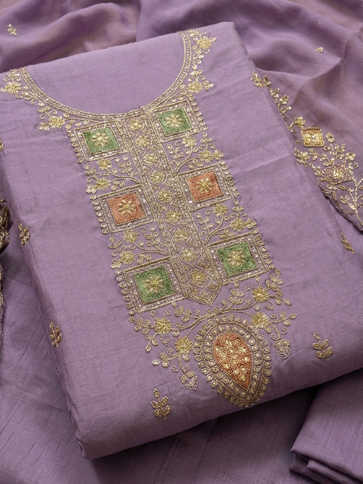 Purple Embroidery Chanderi Unstitched Dress Material