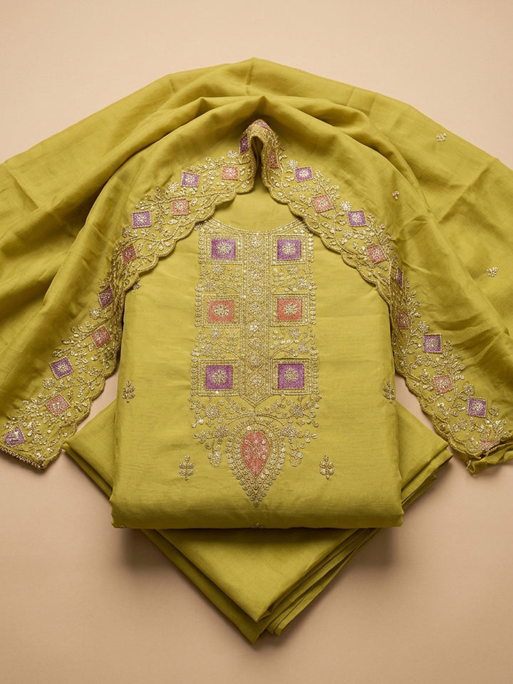 Yellow Embroidery Chanderi Unstitched Dress Material