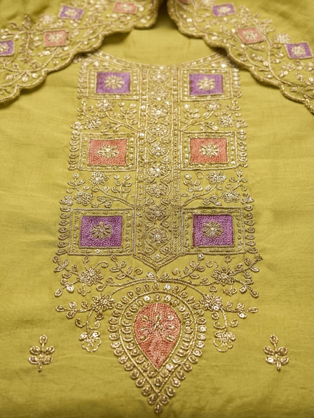 Yellow Embroidery Chanderi Unstitched Dress Material
