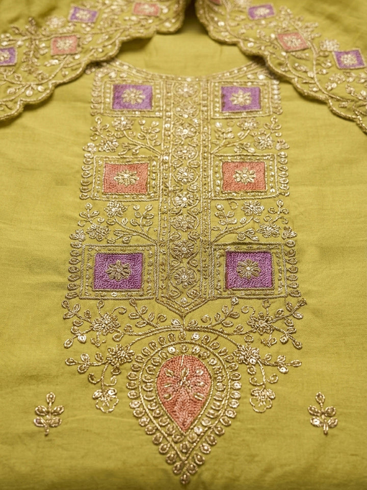 Yellow Embroidery Chanderi Unstitched Dress Material