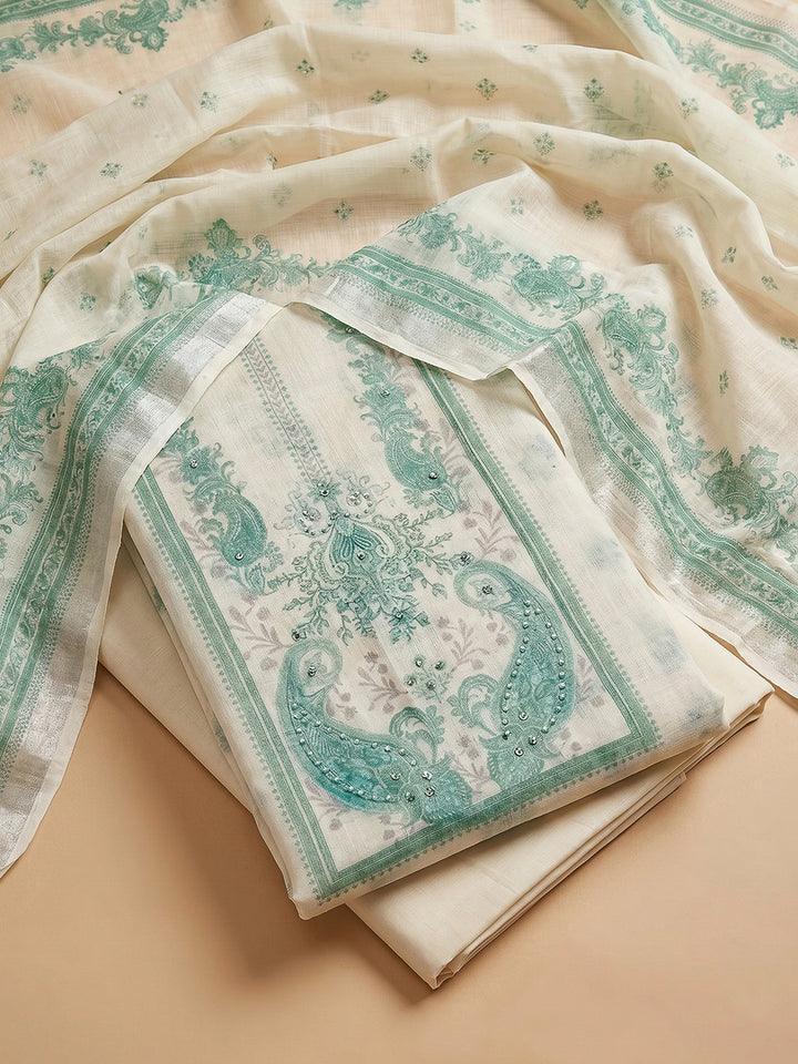 Sea Green Cotton Blend Printed Unstitched Dress Material
