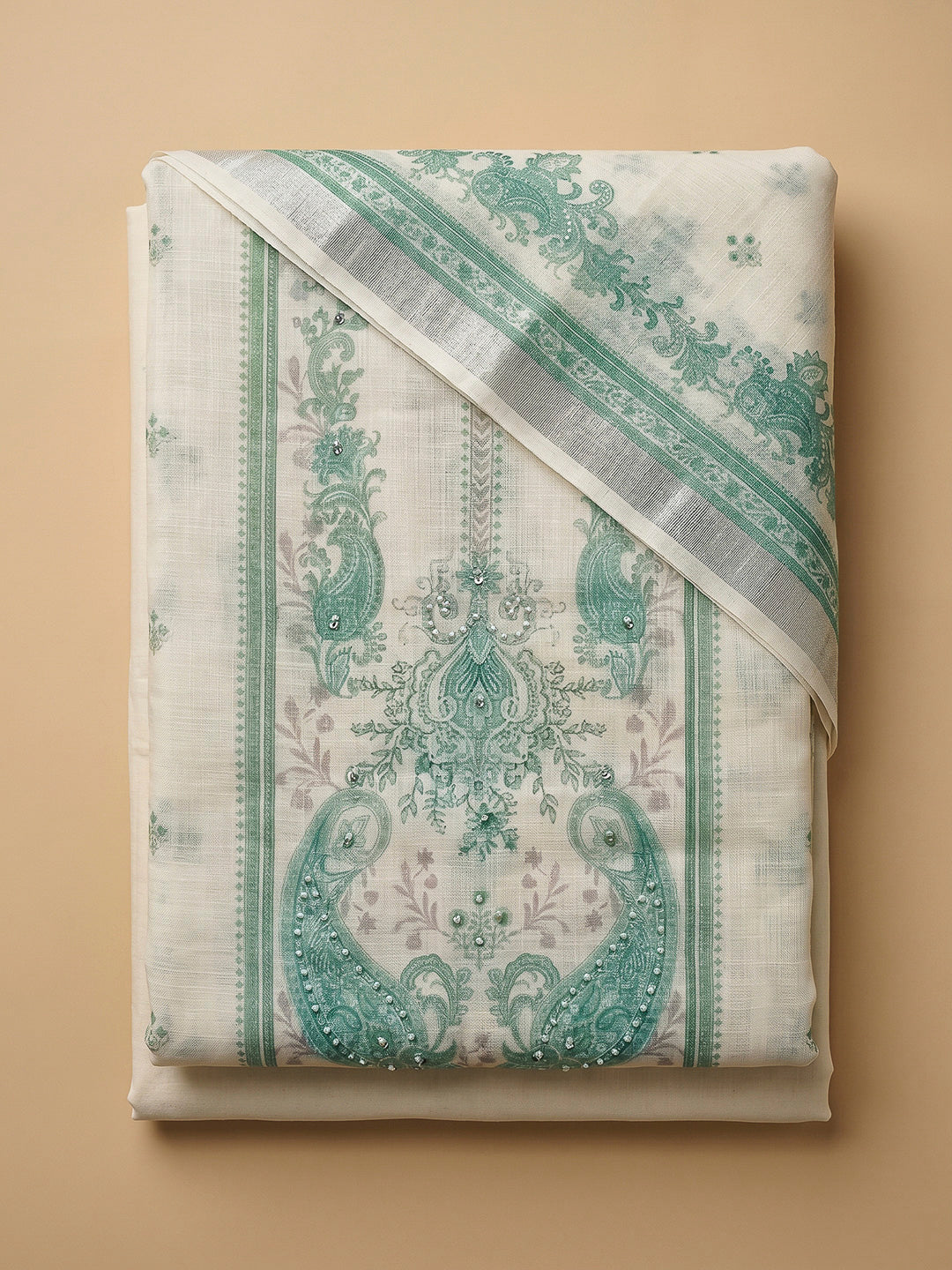 Sea Green Cotton Blend Printed Unstitched Dress Material