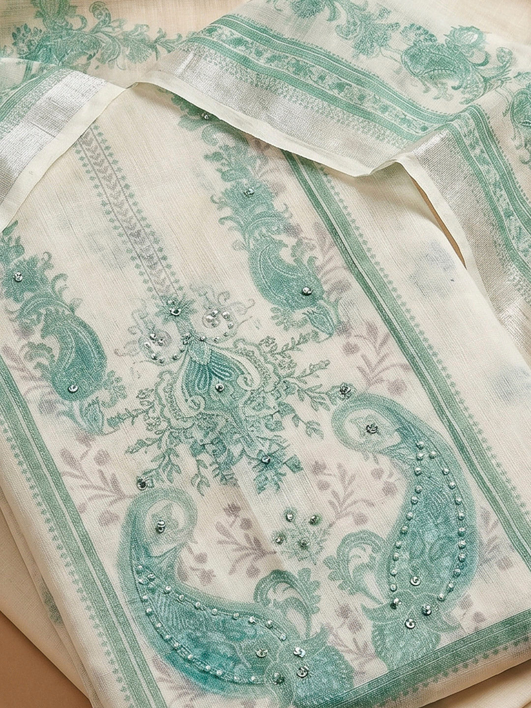 Sea Green Cotton Blend Printed Unstitched Dress Material