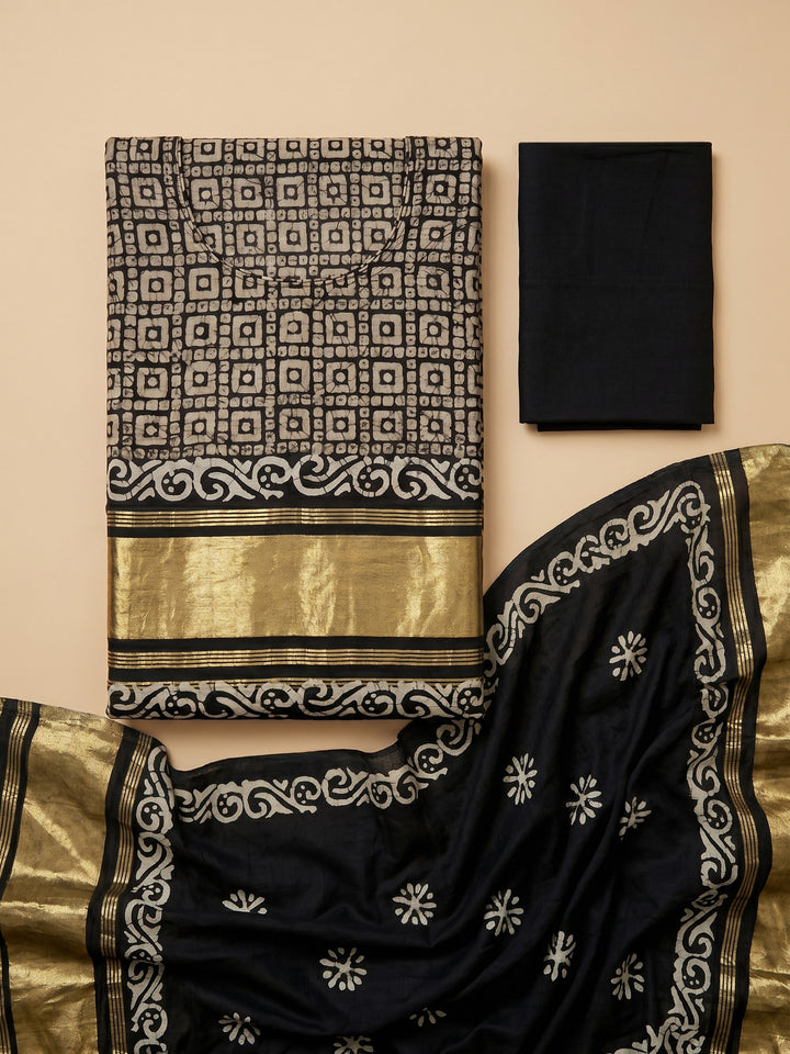Black Printed Satin Unstitched Suit &amp; Pant With Satin Dupatta