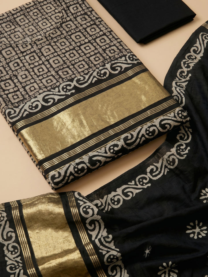 Black Printed Satin Unstitched Suit &amp; Pant With Satin Dupatta