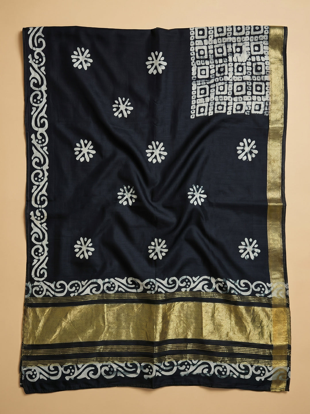 Black Printed Satin Unstitched Suit &amp; Pant With Satin Dupatta