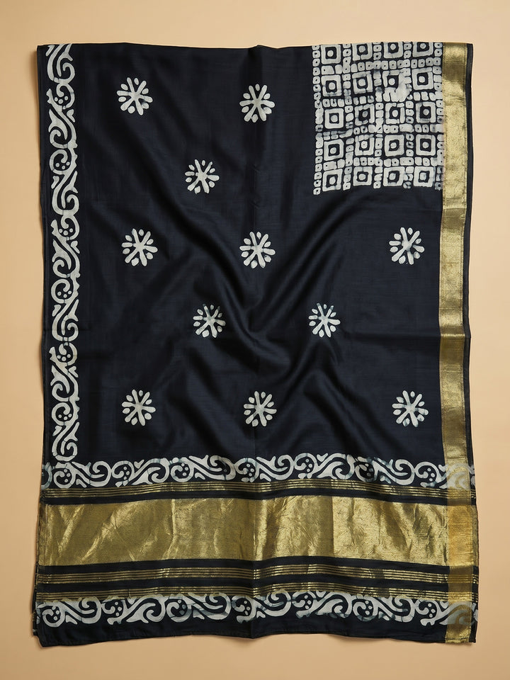 Black Printed Satin Unstitched Suit &amp; Pant With Satin Dupatta