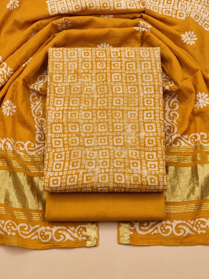 Mustard Printed Satin Unstitched Suit &amp; Pant With Satin Dupatta