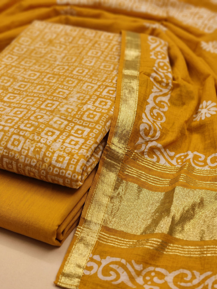 Mustard Printed Satin Unstitched Suit &amp; Pant With Satin Dupatta