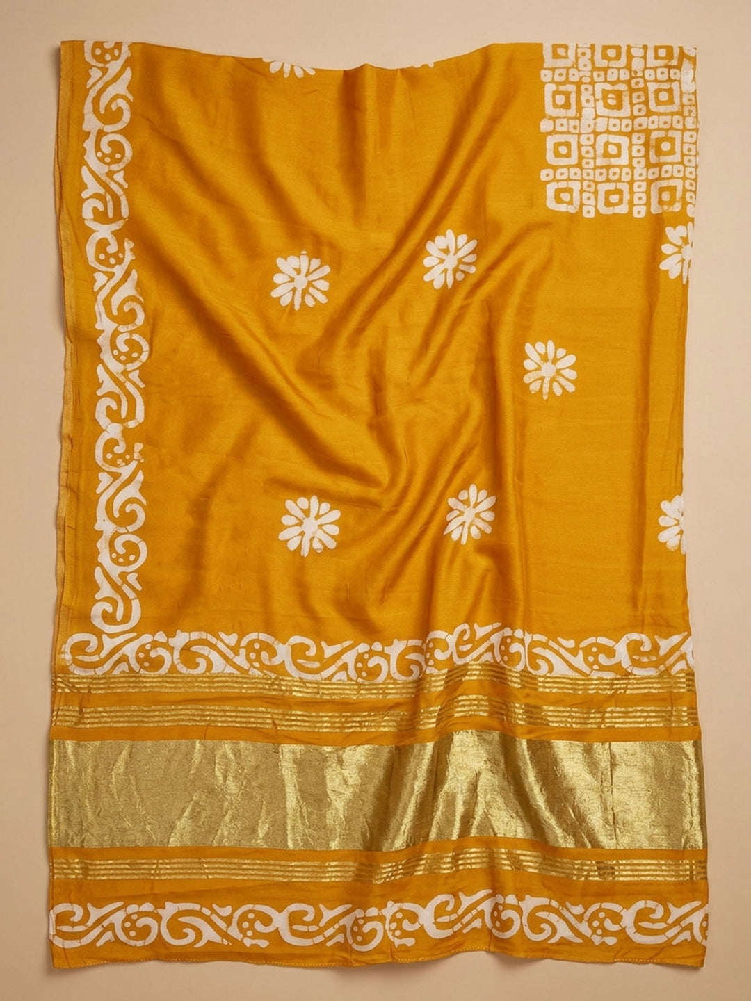 Mustard Printed Satin Unstitched Suit &amp; Pant With Satin Dupatta