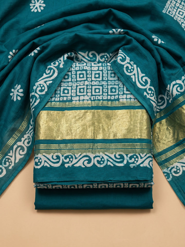 Rama Green Printed Satin Unstitched Suit &amp; Pant With Satin Dupatta