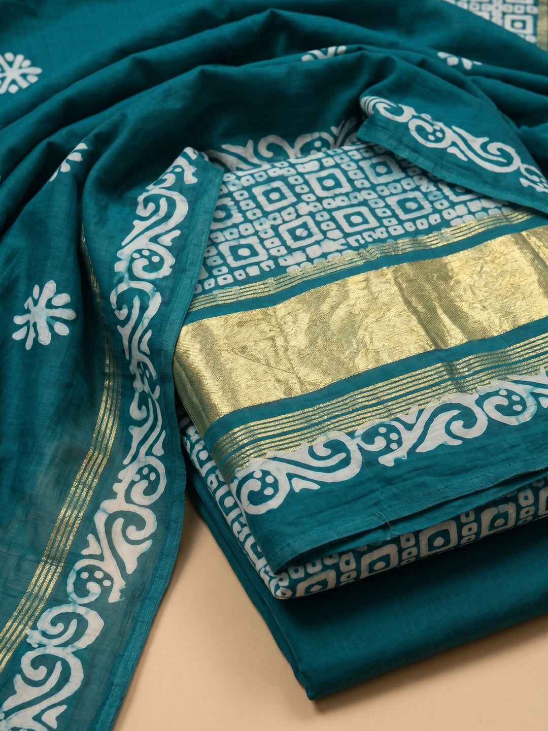 Rama Green Printed Satin Unstitched Suit &amp; Pant With Satin Dupatta