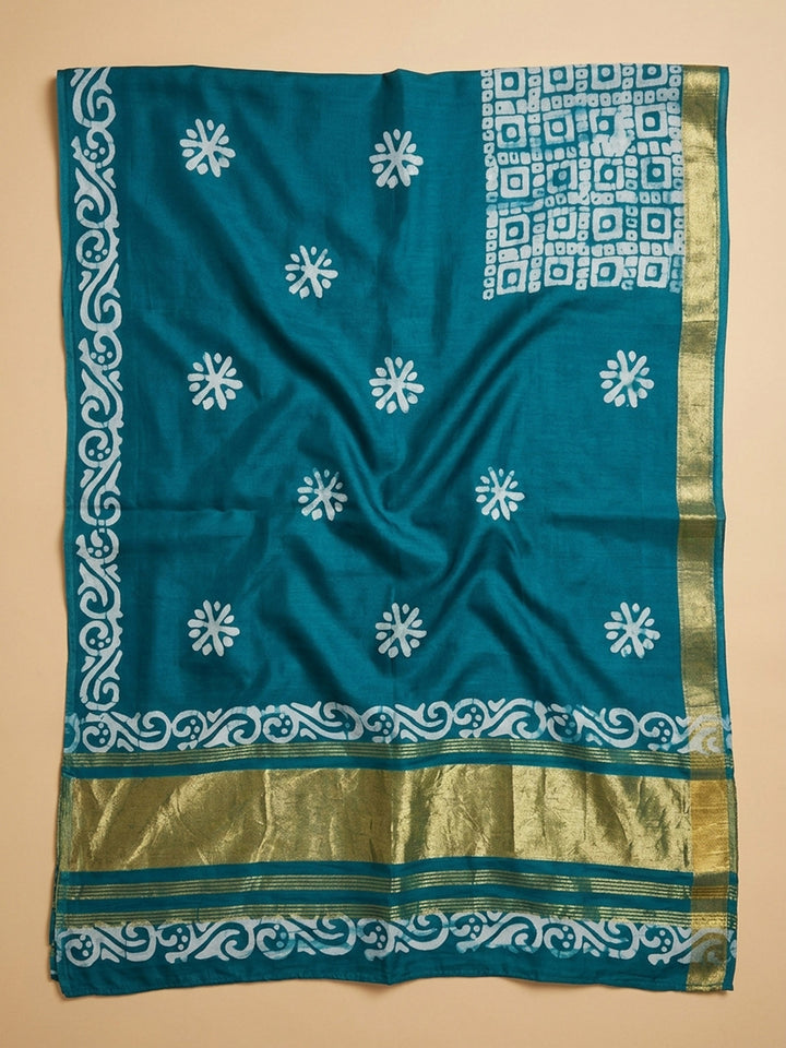 Rama Green Printed Satin Unstitched Suit &amp; Pant With Satin Dupatta