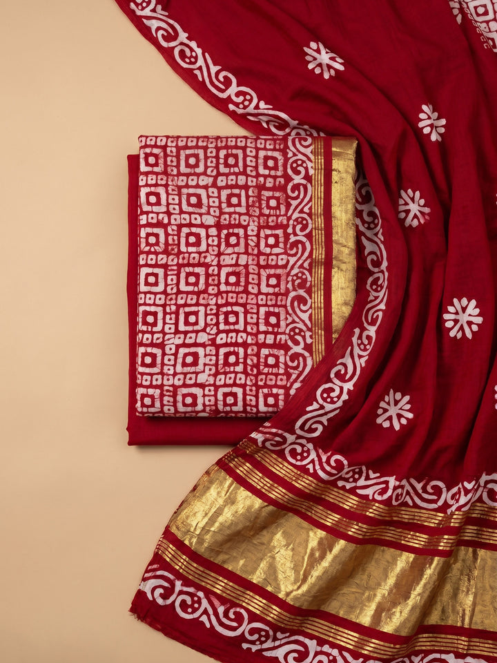 Red Printed Satin Unstitched Suit &amp; Pant With Satin Dupatta