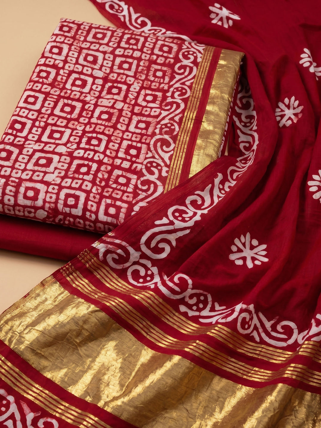 Red Printed Satin Unstitched Suit &amp; Pant With Satin Dupatta