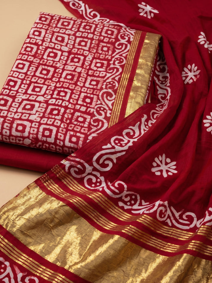 Red Printed Satin Unstitched Suit &amp; Pant With Satin Dupatta