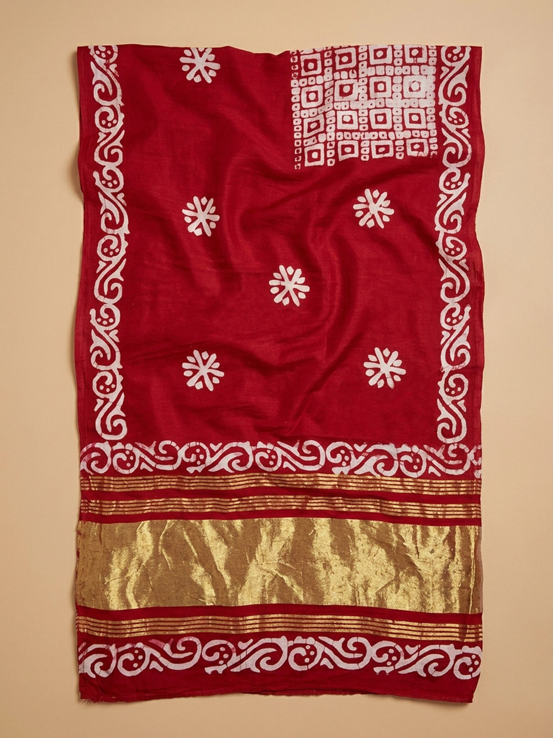 Red Printed Satin Unstitched Suit &amp; Pant With Satin Dupatta