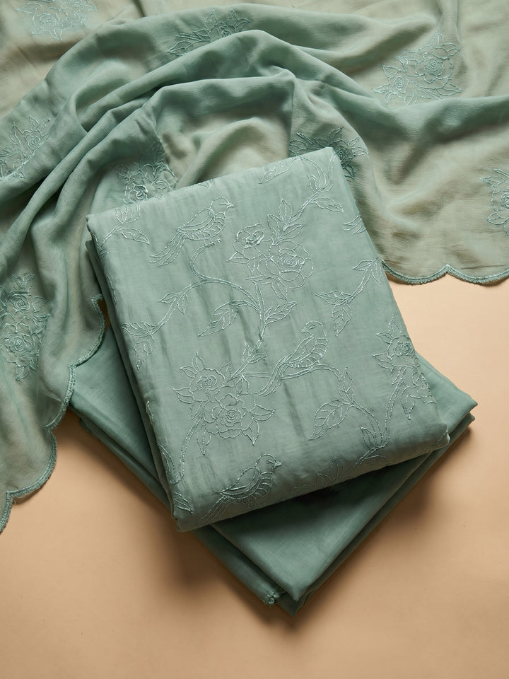 Aqua Green Embroidered Chanderi Unstitched Suit &amp; Pant With Chanderi Dupatta