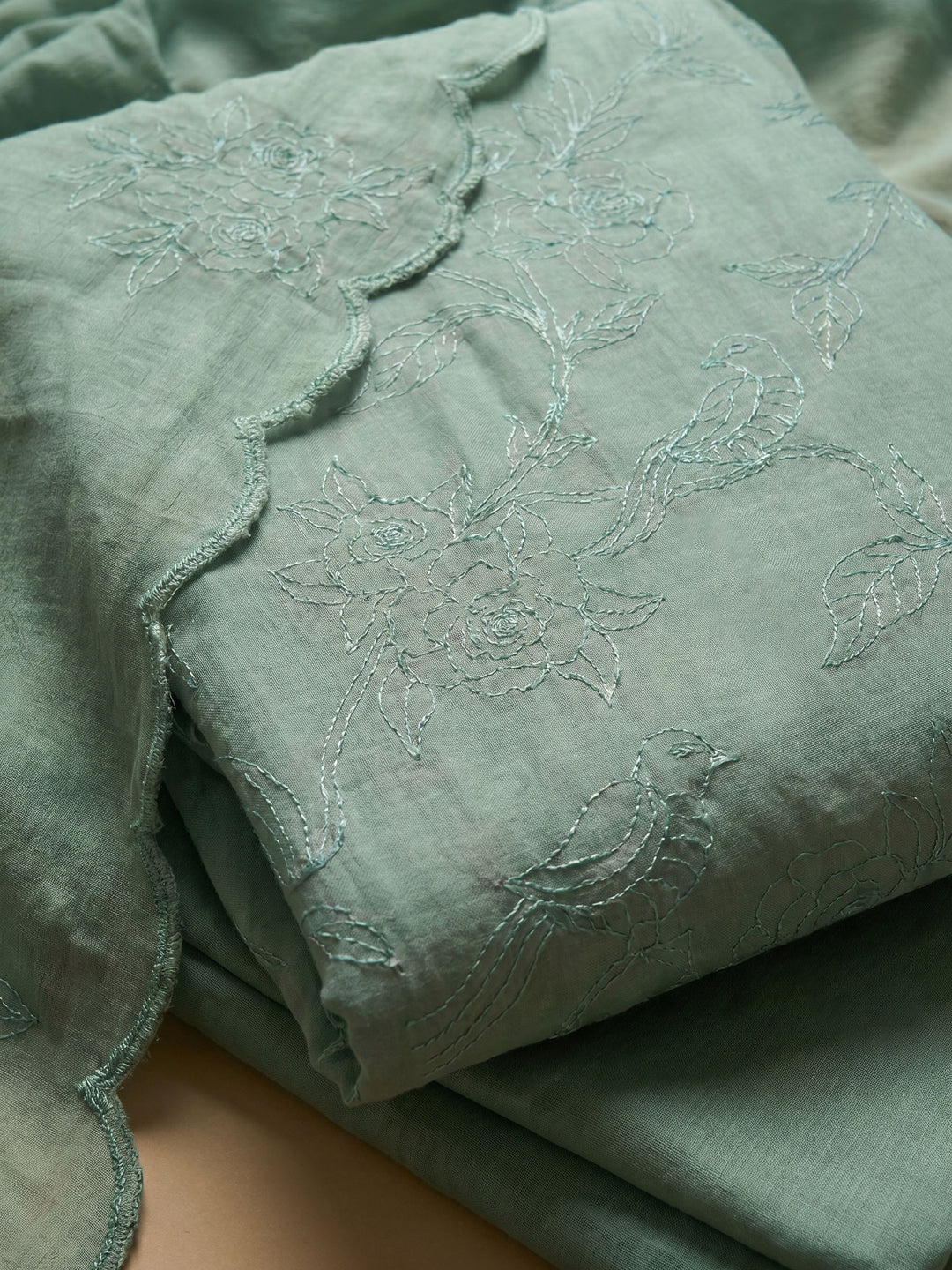 Aqua Green Embroidered Chanderi Unstitched Suit &amp; Pant With Chanderi Dupatta