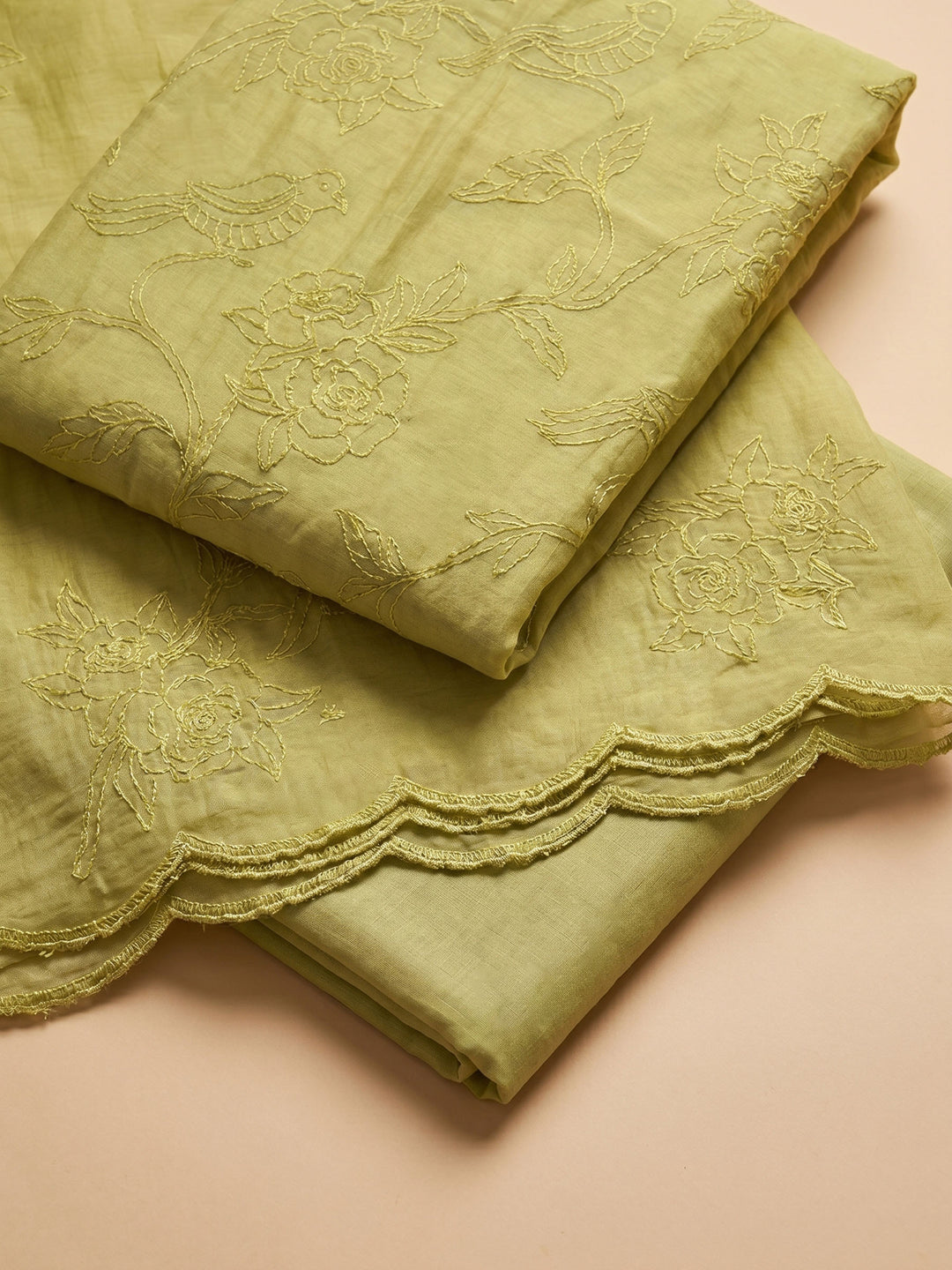 Lemon Embroidered Chanderi Unstitched Suit &amp; Pant With Chanderi Dupatta