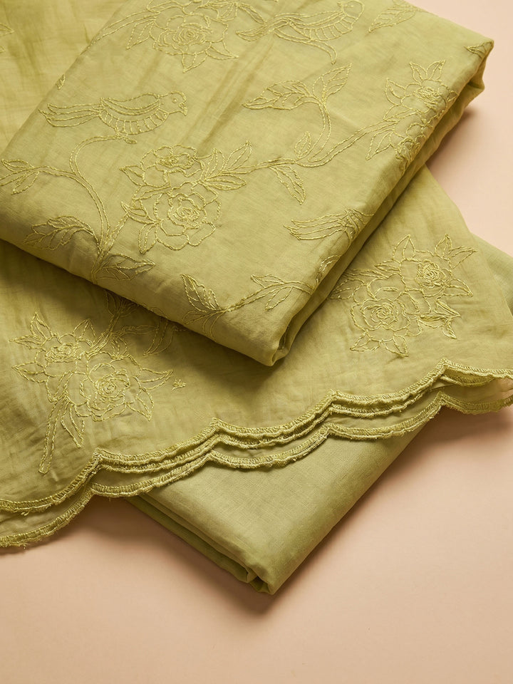 Lemon Embroidered Chanderi Unstitched Suit &amp; Pant With Chanderi Dupatta