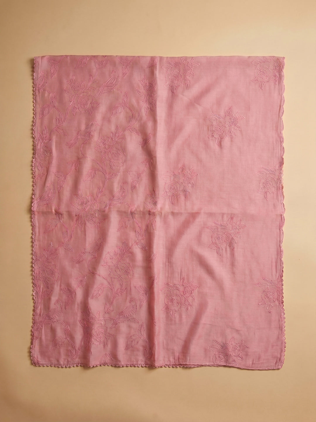 Peach Embroidered Chanderi Unstitched Suit &amp; Pant With Chanderi Dupatta