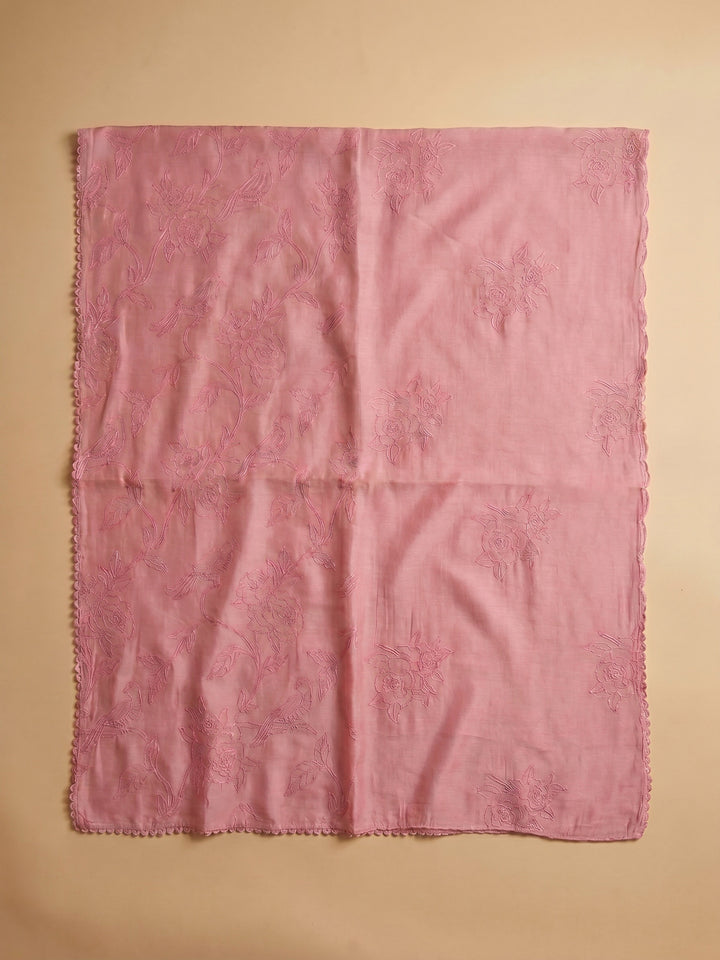 Peach Embroidered Chanderi Unstitched Suit &amp; Pant With Chanderi Dupatta
