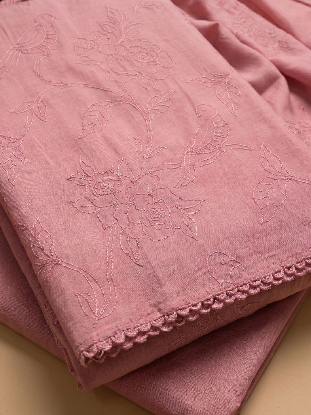 Peach Embroidered Chanderi Unstitched Suit &amp; Pant With Chanderi Dupatta