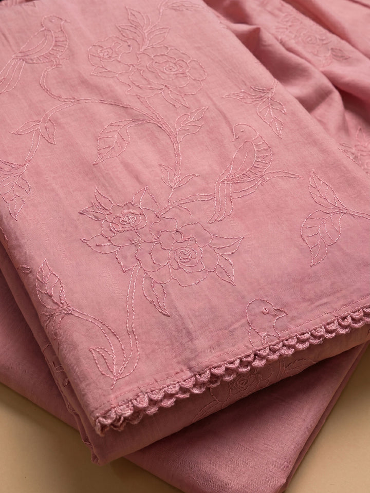 Peach Embroidered Chanderi Unstitched Suit &amp; Pant With Chanderi Dupatta