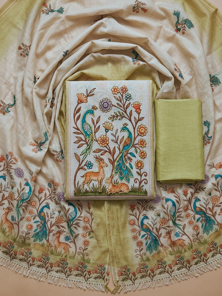 Olive Green Printed Cotton Blend Unstitched Suit With Pant &amp; Dupatta