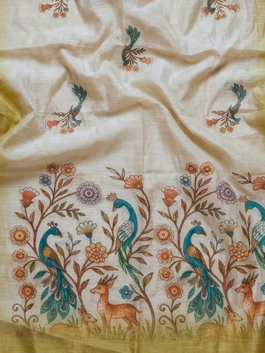 Olive Green Printed Cotton Blend Unstitched Suit With Pant &amp; Dupatta